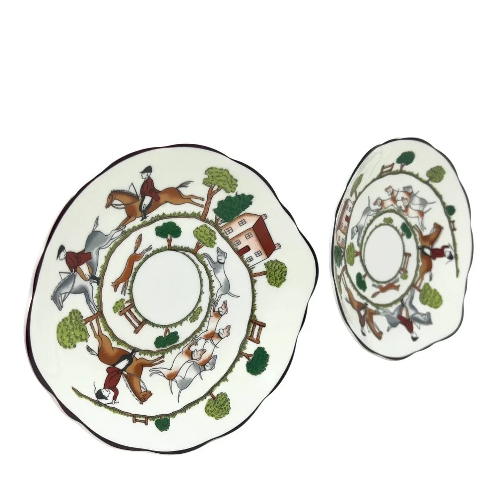 Coalport Hunting Scene Bone China Saucer Pair England Fox Hunt Vintage Wedgwood‎